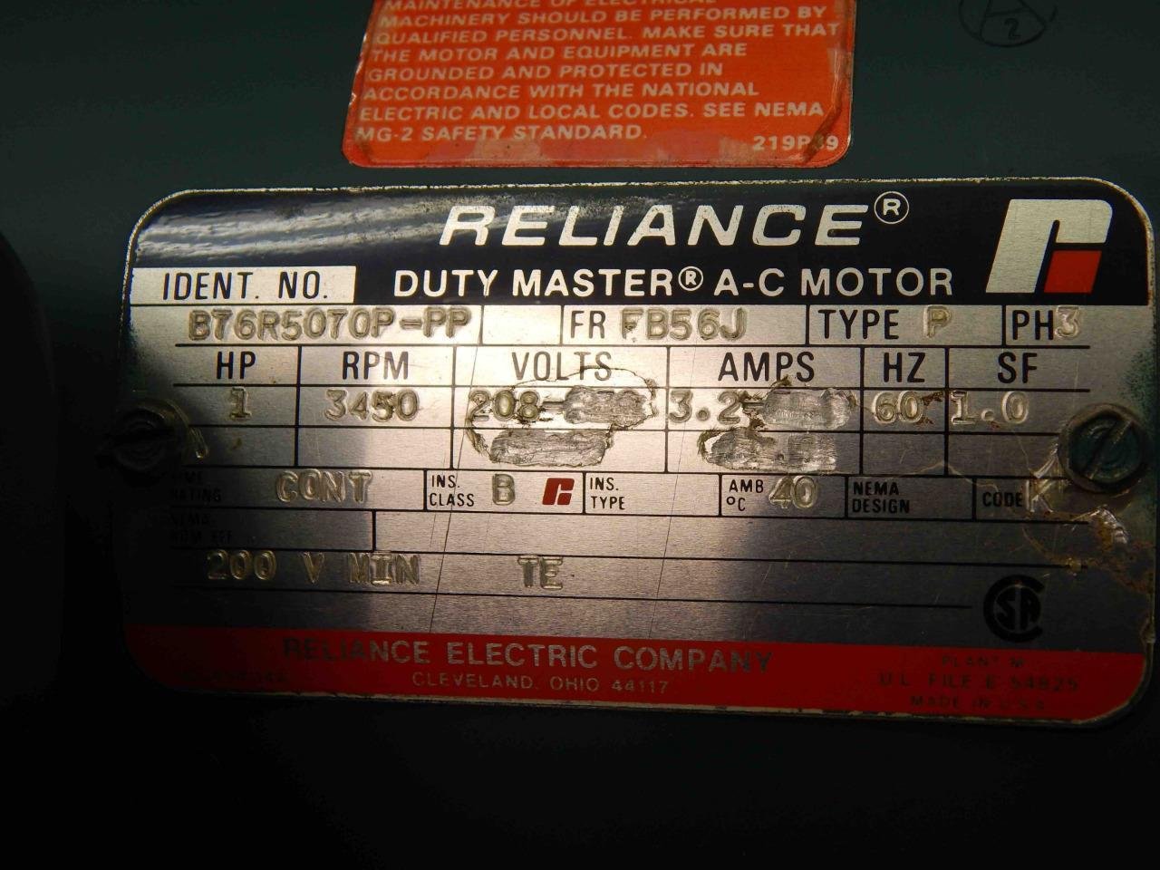 #453 Reliance B76R5070P-PP Duty Master AC Motor 1 HP 3 Ph 208V FB56J Fr 3450 RPM - Image 3