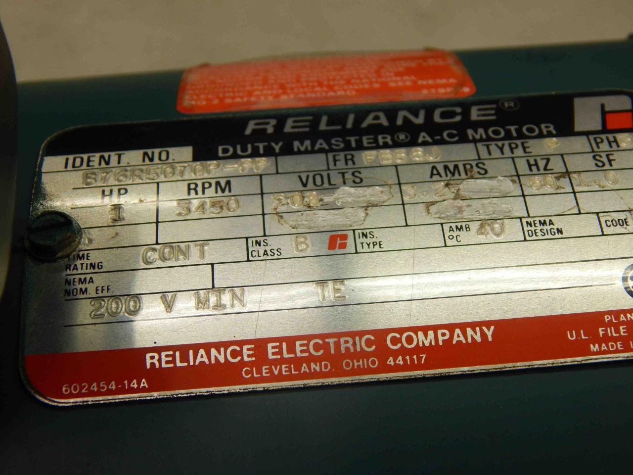 #453 Reliance B76R5070P-PP Duty Master AC Motor 1 HP 3 Ph 208V FB56J Fr 3450 RPM - Image 4