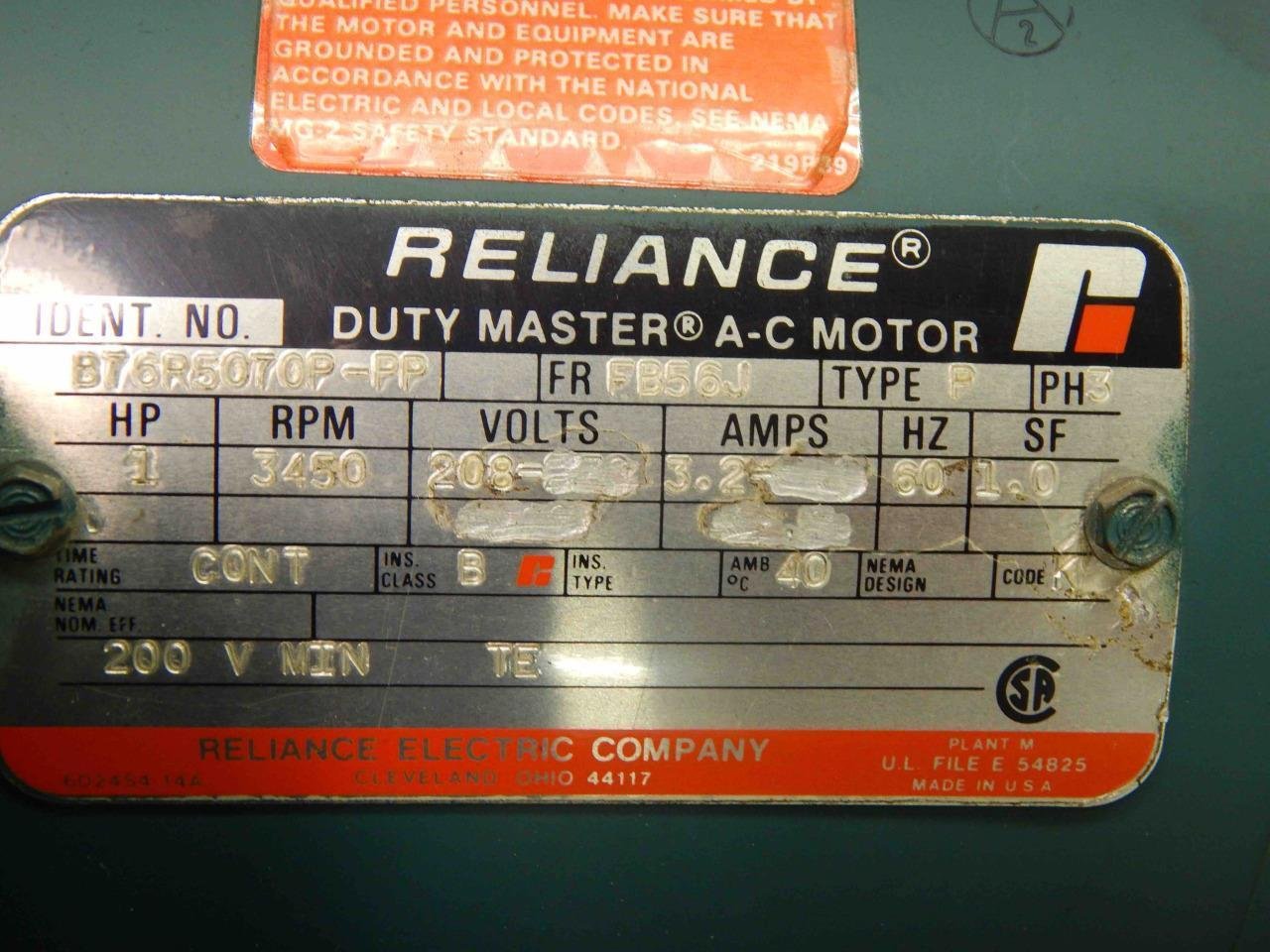 #453 Reliance B76R5070P-PP Duty Master AC Motor 1 HP 3 Ph 208V FB56J Fr 3450 RPM - Image 5