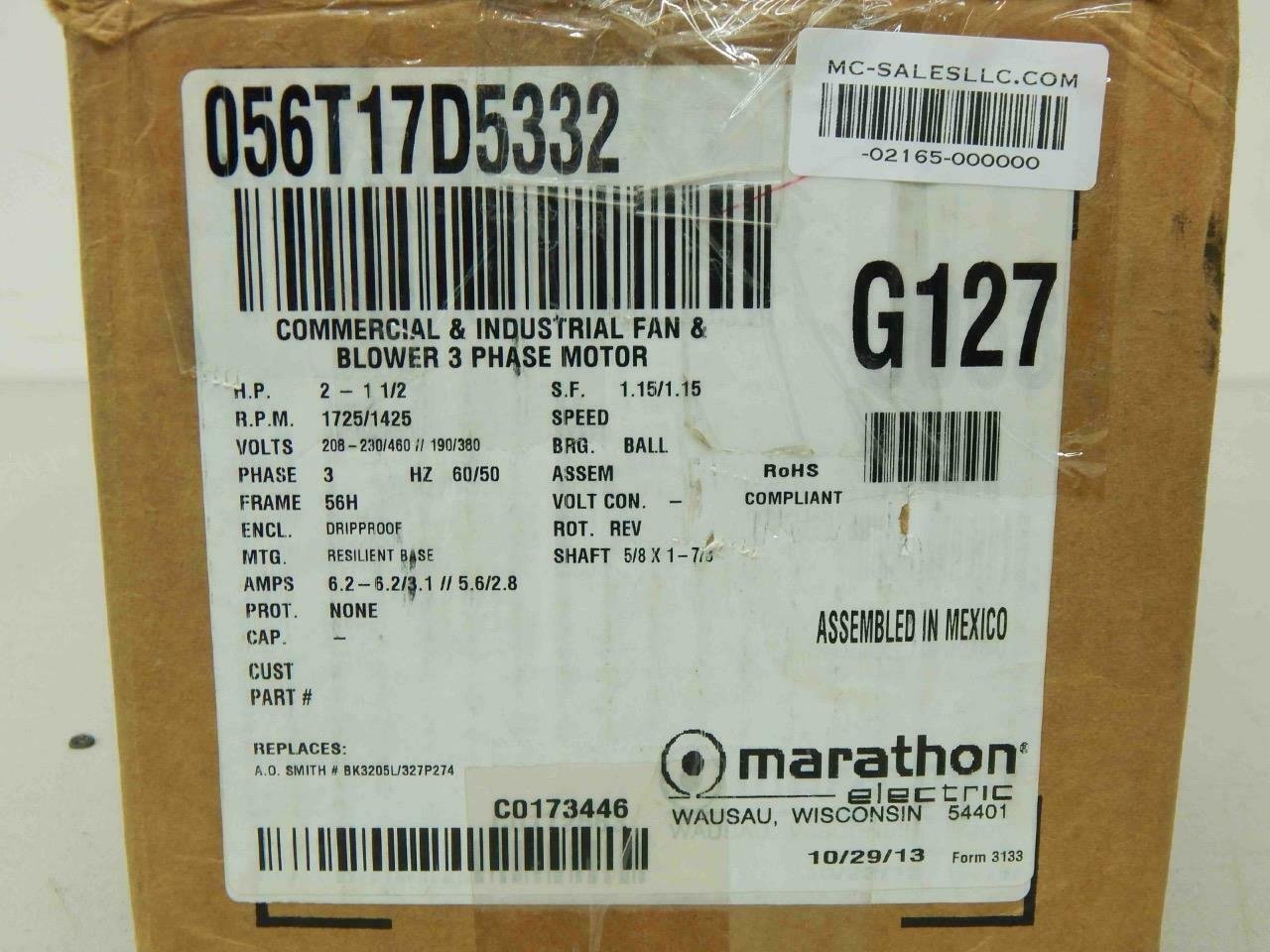 Marathon 056T17D5332, G127 Motor 2HP, 208-230/460V, 3PH, 56H Frame - Image 3