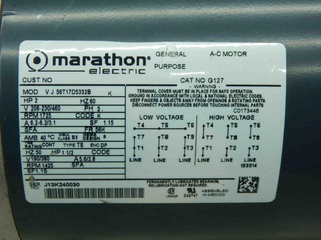 Marathon 056T17D5332, G127 Motor 2HP, 208-230/460V, 3PH, 56H Frame - Image 5