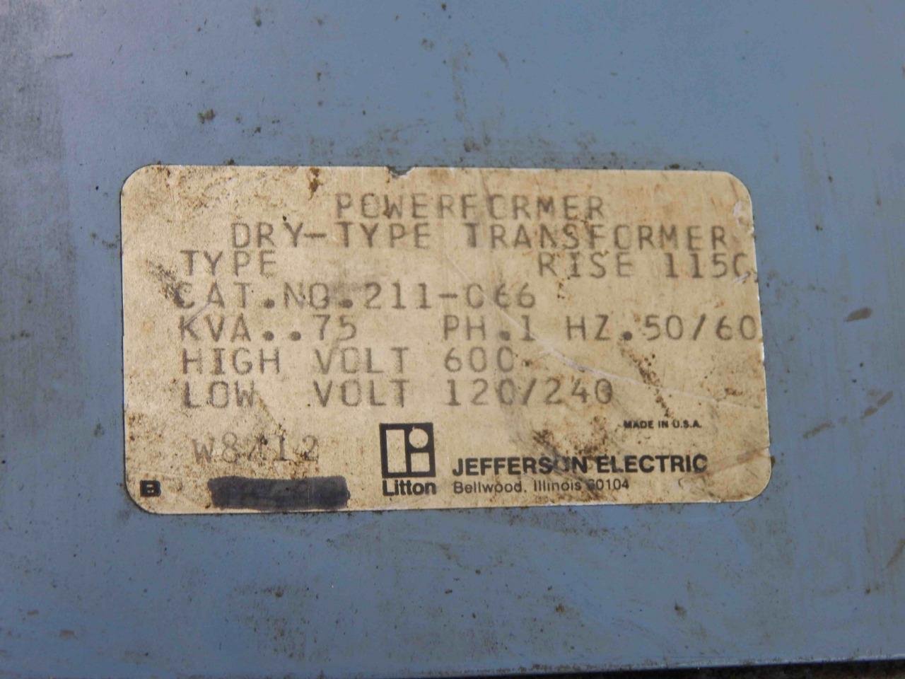 #91 Jefferson Powerformer Dry Type Transformer .75KVA PRI 600V SEC 120/240V - Image 2