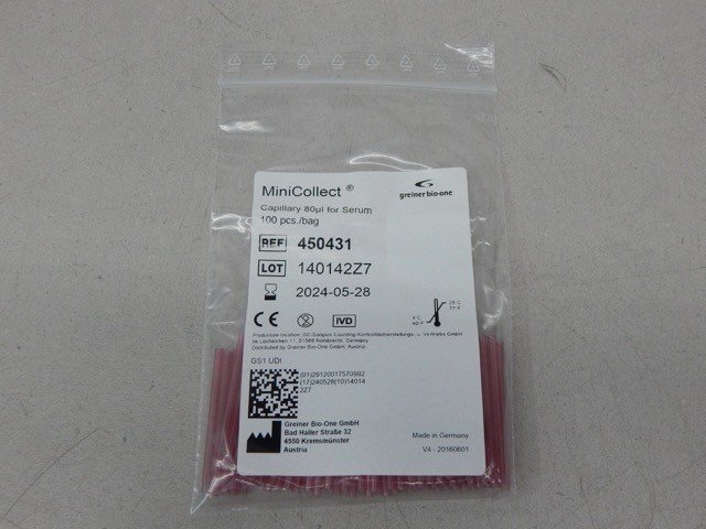 Greiner 450431 MiniCollect Capillary Tube for Serum, 80 uL, (1,000/each)