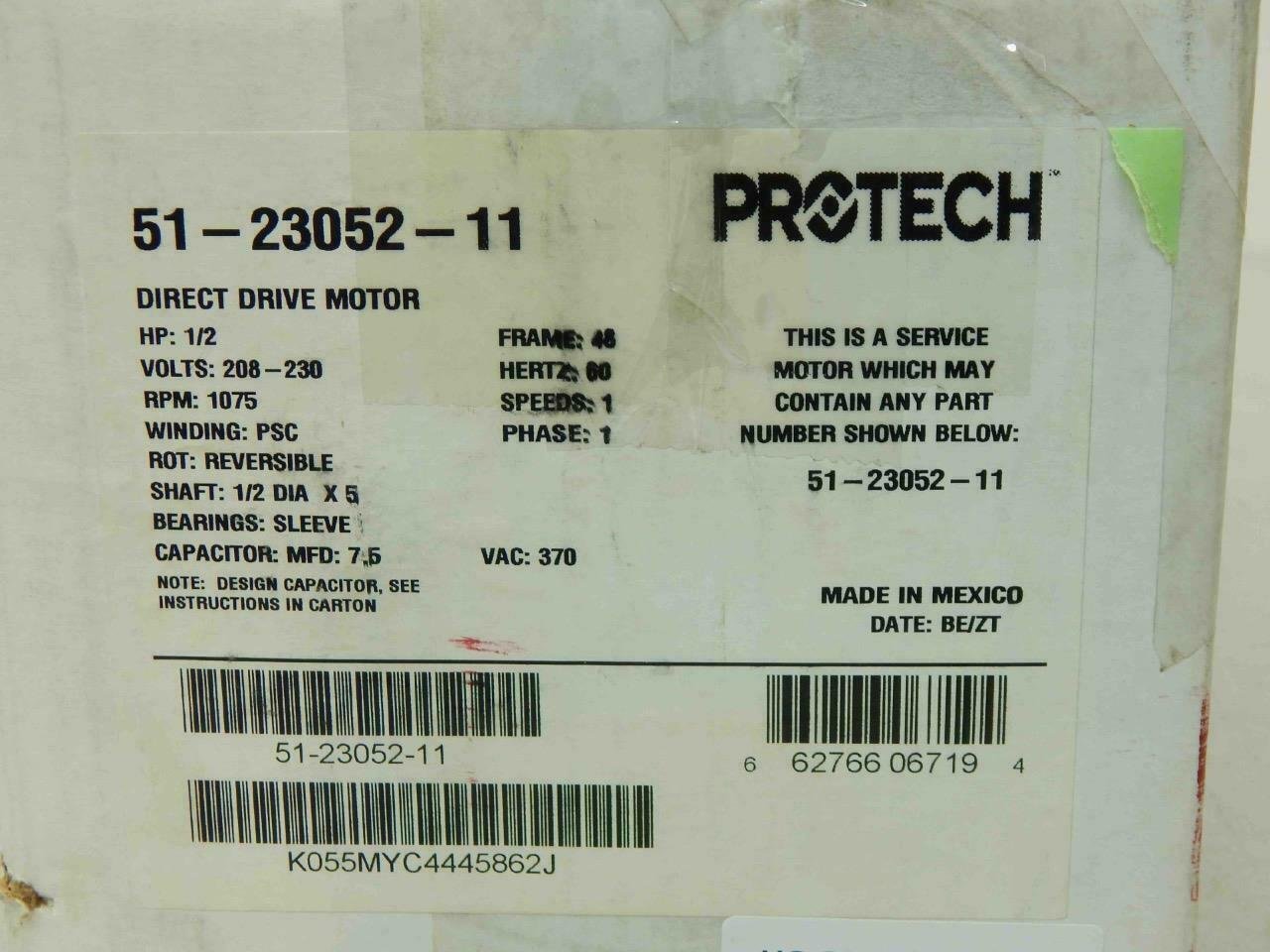 Protech K055MYC4445862J, 51-23052-11 Motor 1/2HP, 208-230V, 48 Frame, 1 ...