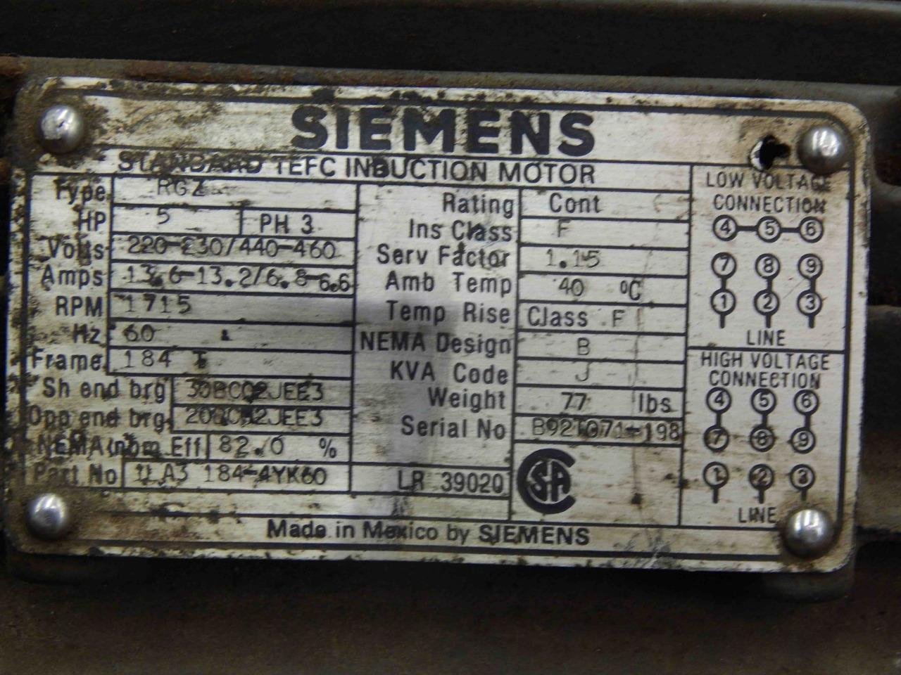 #118 Siemens Induction Motor Typ RGZ 5-HP 220-230/440-460V ... a 5 hp electric motor starter wiring 