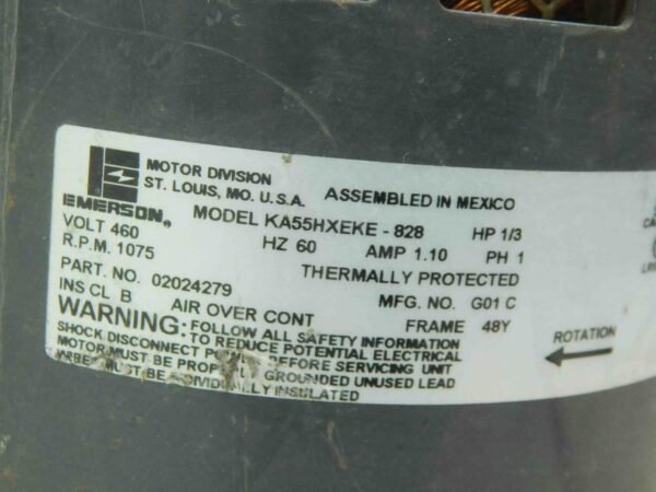 Emerson KA55HXEKE-828, 02024279 1/3 HP, 460 V, 1075 RPM, 1.10A, 1PH Motor - Image 6