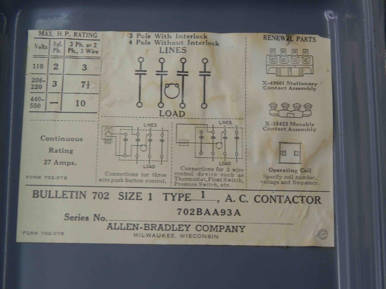 #815 Allen Bradley 702BAA93A Size 1 Type 1 Bulletin 702 AC Contactor 110V Coil - Image 5