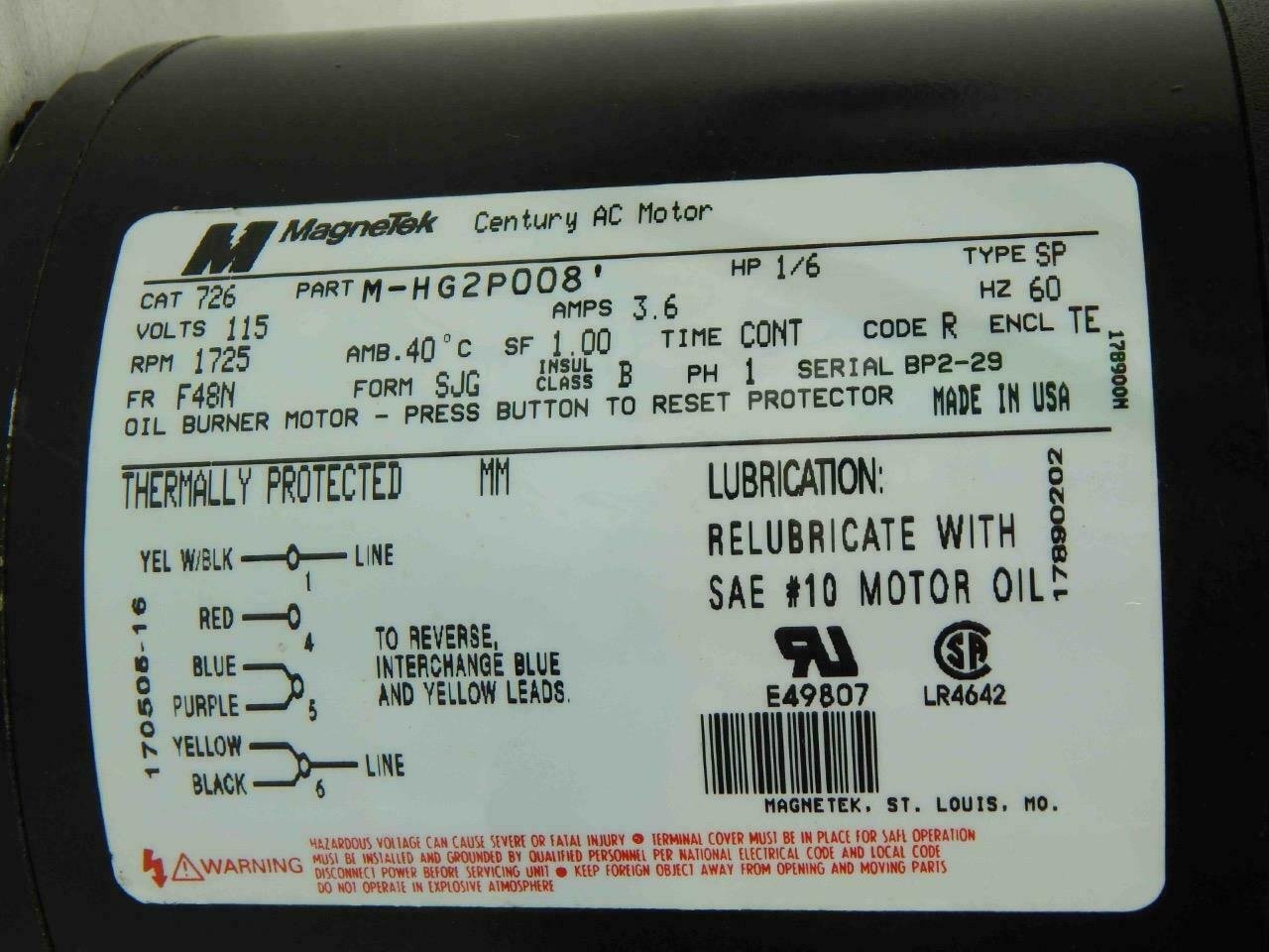 Magnetek 726, M-HG2P008 Motor 1/6HP, 115V, 1725RPM, 1PH, F48N-Frame - Image 6