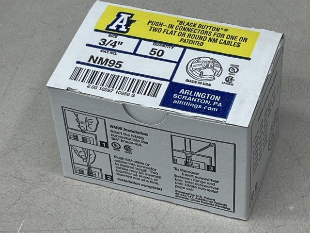 Arlington NM95, 3/4", Plastic, Cable Push-In Button Connector (Box of 50)