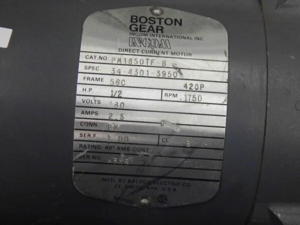 #217 Baldor  Boston Gear  DC Motor PM1850TF-B 34-4301-3950 1/2HP 56C Fr 1750RPM - Image 3