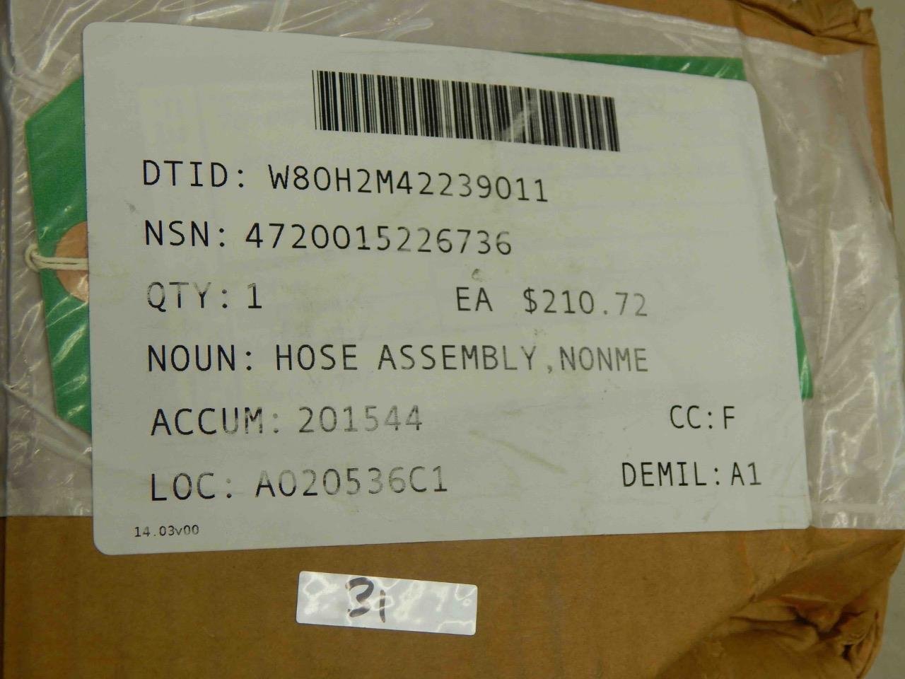 #31 Parker Eaton AS196H245B082A 156D541-6D-0082-245 4720-01-522-6736 Hose NEW