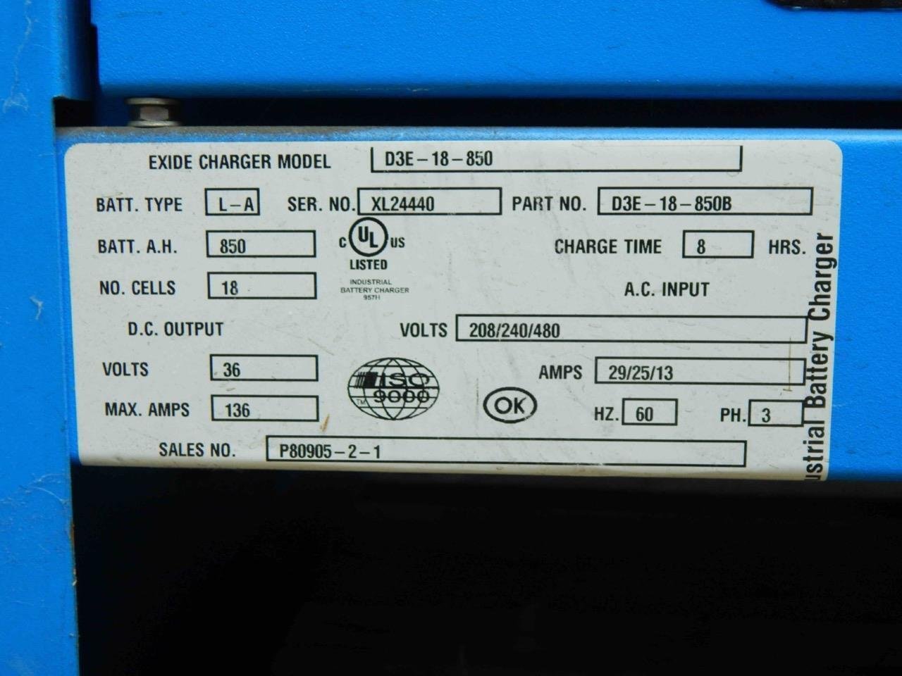 Exide D3E-18-850, D3E-18-850B Forklift Charger 208/240/280V, 29/25/13Amp,  36V – MC-Sales, llc